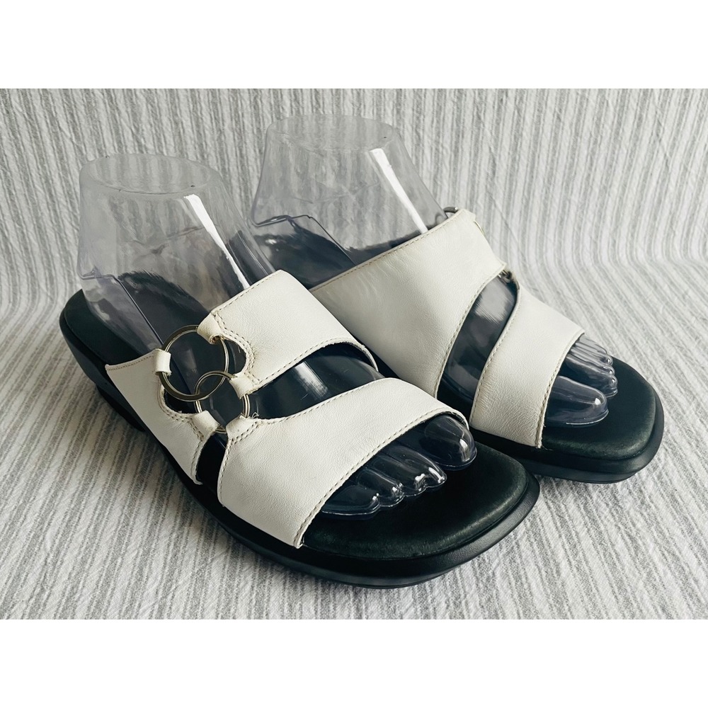 Clarks White Leather Slide Sandals Silver Ring Wedge Heel Womens 8.5 M Summer